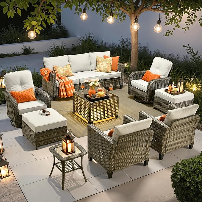 ovios 9 Pieces Patio Furniture Set, Outdoor Wicker Sofa Couch with Rocking Swivel Chairs Solar Lights Table, Modern Deep Seat Rattan Conversation Sets for Porch Deck, Grey