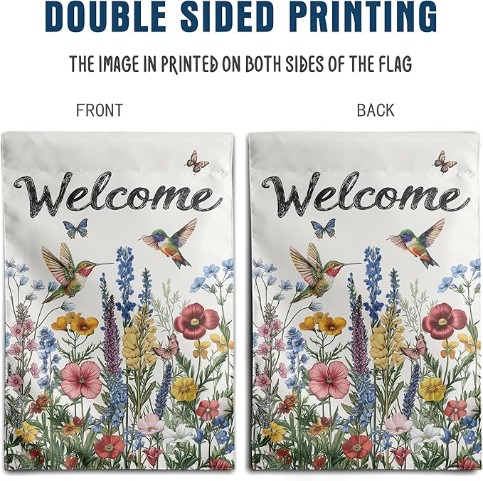 Spring Hummingbird Garden Flags Floral Summer banner for Outside 12x18 Double Sided Wildflower Yard Signs Small Outdoor Seasonal Decorative
