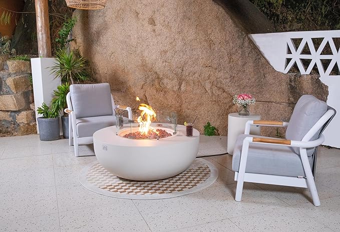AMS Creations | Eclipse 44" Bundle Round Cast Concrete Natural Gas Fire Pit Bowl Table | Cream White | Smooth Texture Surface | Electronic Ignition | Outdoor Patio Heater Outside Backyard Fireplace