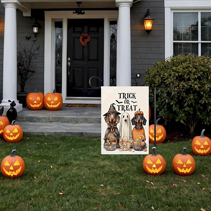 Trick or Treat Halloween Garden Flag for Outside, 12x18 Inch Double Sided Halloween Dog Pumpkin Ghost Bats Yard Flag, Farmhouse Small Yard Flags for Outdoor Decorations, Holiday Decor Gifts-A04