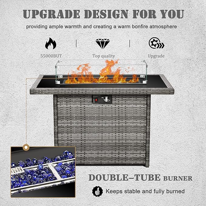 Propane Fire Pit Table,44 Inch 55000 BTU Outdoor Gas Fire Pit Rectangular with Glass Wind Guard for Outside Patio Deck (Gray-Glass Top)