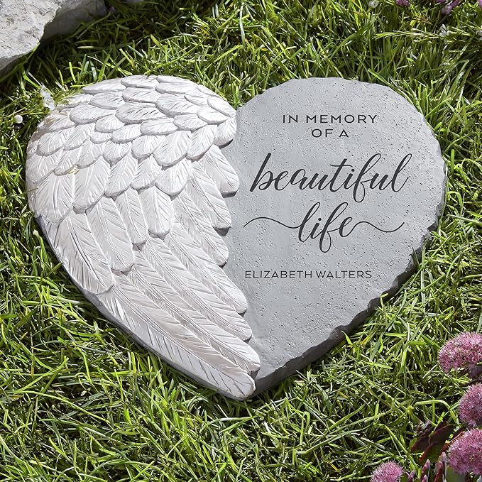 Let's Make Memories Personalized Memorial Garden Stone - Sympathy - Loss of Loved One - Condolences - Indoor/Outdoor - Durable Resin - 3D Iridescent Wing - Beautiful Life