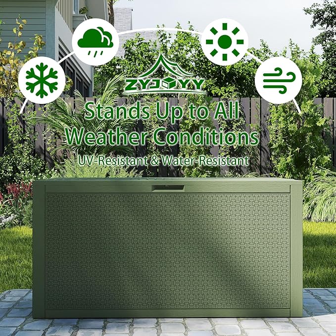 Outdoor Storage Box, 90 Gallon Deck Box, Waterproof Resin Storage Bin for Patio Cushions, Gardening Tools, Lockable, UV Resistant,Olive Green