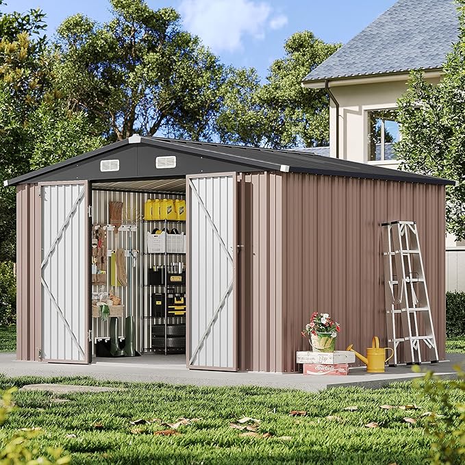 10x8FT Outdoor Storage Shed, Metal Garden Shed with Lockable Double Doors & Sloping Roof, Weather-Resistant Tool Shed for Backyard, Patio, Poolside Brown
