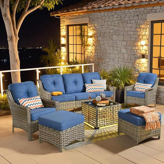 6 Pieces Patio Outdoor Furniture Set,All Weather Wicker Rattan Patio Seating Sofa and Chair Set w/Ottoman and Glowing Coffee Table,Outdoor Conversation Sets for Deck Yard Garden,Blue