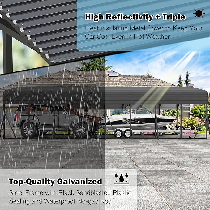 Carport Canopy 20’X40’ Heavy Duty Car Port Galvanized Steel Roof, Reinforced Stable Triangle Frame for Snowy Windy Metal Carports Enhanced Base Car Tent for Car,RV,Pickup,Boat,Truck,Tractor
