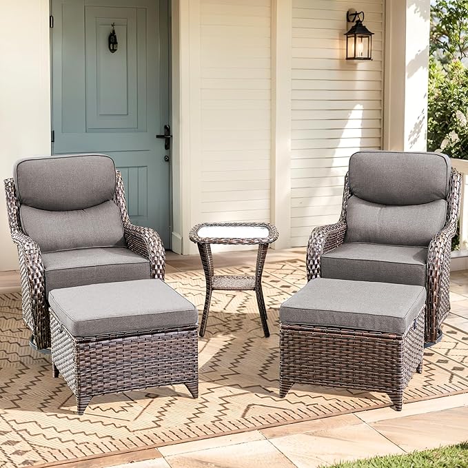 Luxury High Back Outdoor Furniture with 6-Inch Thick Cushions, Patio Furniture Set with Ottomans, 5 PCS Wicker Conversation Set for Porch, Balcony, Deck and Yard