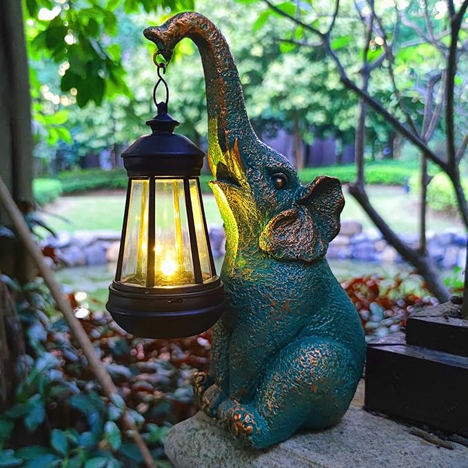 JOYBEE Garden Statues Elephant with Solar Lantern Outdoor Decor-Elephant Solar Figurines Lights Decorations for Patio Yard Lawn Ornaments-Gifts for Birthday Easter Housewarming