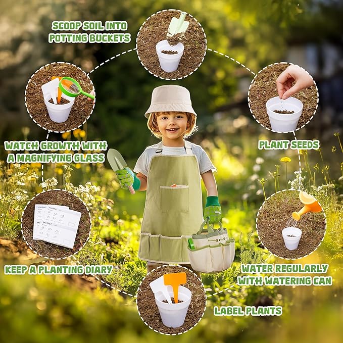 ROBOTIME Kids Gardening Tools, 17 PCS Toddler Gardening Set, Children's Gardening Tools, Metal Kids Gardening Set All in One Kit, Gardening Tools for Kids Outdoor Toys Gift for Boys and Girls