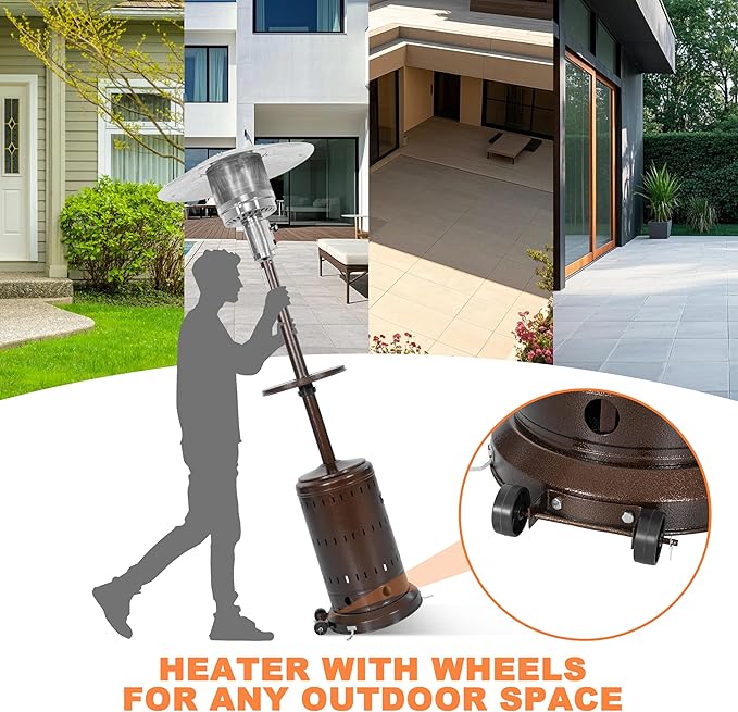 Nuu Garden Outdoor Propane Gas Patio Heater with Wheels, Patio Heater with Liftable Drink Stand for Patio, 304 Stainless Steel Burner, Backyard, Garden, Porch, Brown