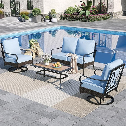 Sophia & William Patio Furniture Set, 4 Piece Metal Outdoor Conversation Set with 2-Seater Outdoor Couch, 2 Swivel Chairs, 1 Coffee Table for Outdoor Seating, Backyard, Porch(Blue)