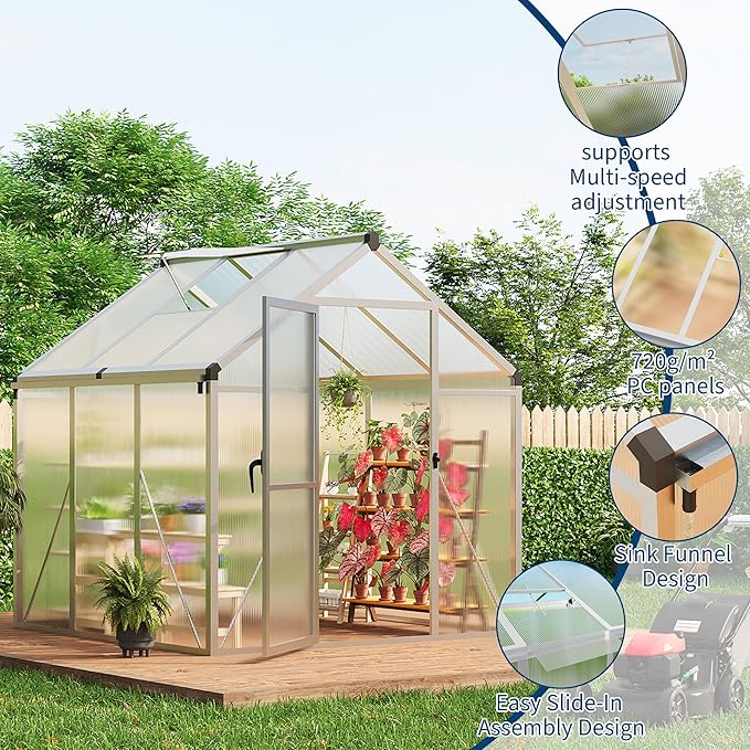 6x6 FT Greenhouse for Outdoors, Polycarbonate Flower Greenhouse with Roof Vent, Push-Pull Lockable Door, Aluminum Walk-in Greenhouses for Outside Garden Backyard, Patio, Lawn, Silver