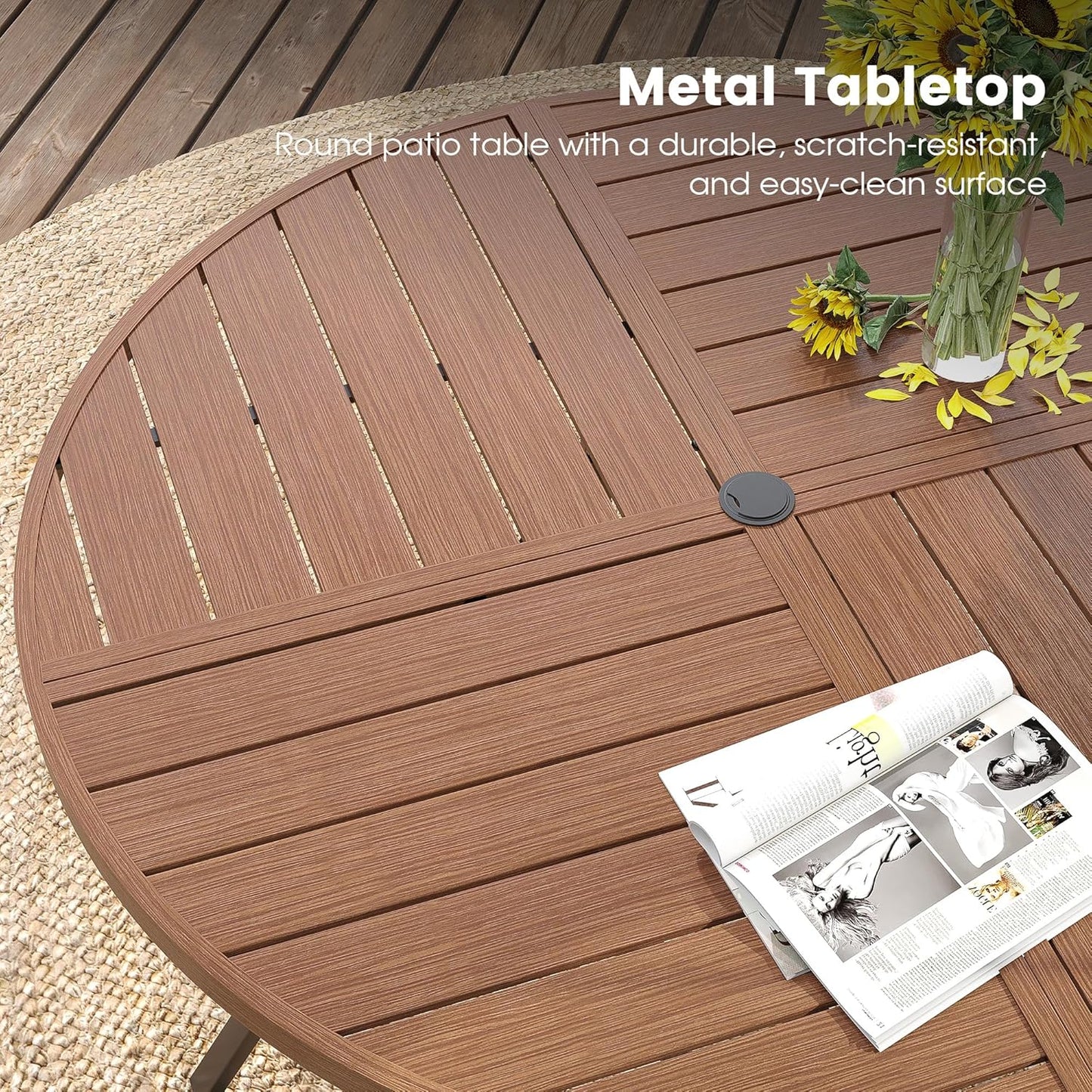 DIFY 53.1" Round Outdoor Patio Dining Table for 6-8, All-Weather Metal Steel Slatted Patio Table with 1.57" Adjustable Umbrella Hole, for Lawn Garden Porch Backyard, Walnut