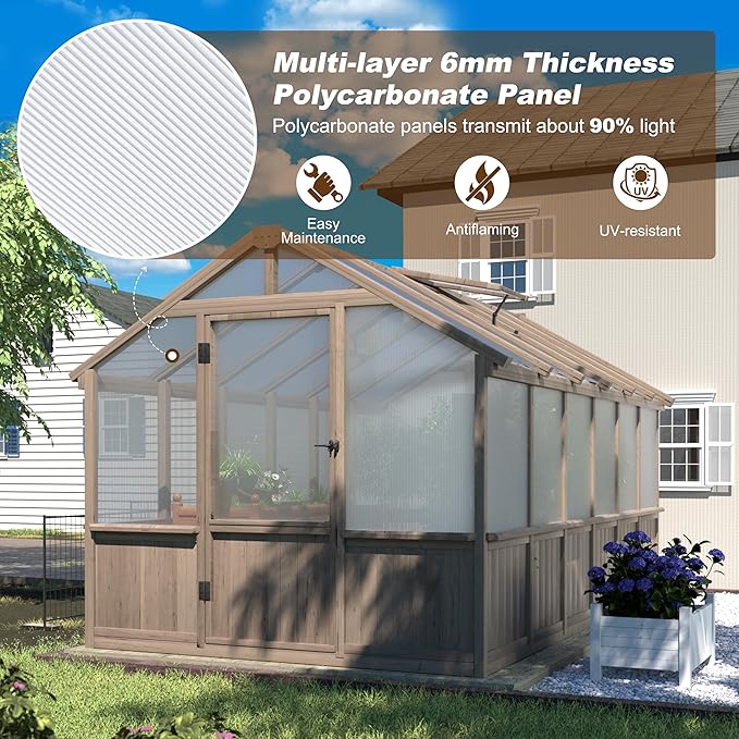 VEIKOU 8’x12’ Greenhouses for Outdoors, Walk-in Wood Greenhouse with Cedar Frame & Adjustable Vent, Garden Green House with 6MM Thick Polycarbonate Panel for Outside, Backyard, Light Brown Mocha