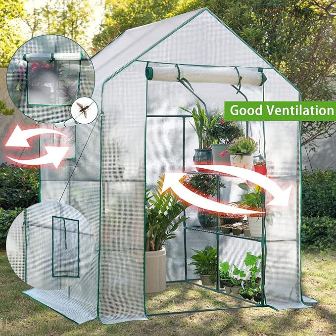 Green Houses for Outdoors, PE Walk in Greenhouse with 2 Side Mesh Windows, Portable Green House with Anchors & Ropes Stands Up to Wind, 56"x56"x78" White
