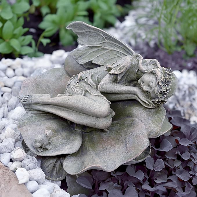 Garden Fairy Statue,Garden Sleeping Angel on Lotus Leaf with Bird Feeder Feature Outdoor Decor Sculptures Figurine Gardening Lawn