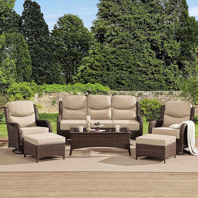 HILLGA Luxury High Back Patio Furniture Set with 6-Inch Thick Cushion, 6-Piece Outdoor Conversation Set with Sofa, Swivel Rocker Chairs & Ottomans, Ideal for Porch Pool Deck Yard (Beige)