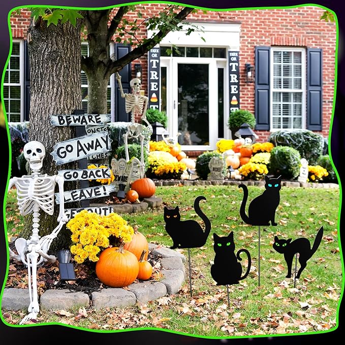 Chunful 4 Pcs Halloween Decorative Garden Stakes Black Cat Garden Stakes for Flower Planter Pot Outdoor Metal Yard Sign Black Cat Decorations Halloween Patio Lawn Decor