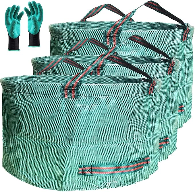 Standard 3-Pack 46 Gallon Yard Garden Bags (D26, H19 inch) with Garden Gloves, Yard Waste Bags,Recycling Bag,Camping Waste Bin,Laundry Bag,Lawn Debris,Grass Clippings,Leaf Bags,Weeds Barrel 4 Handles