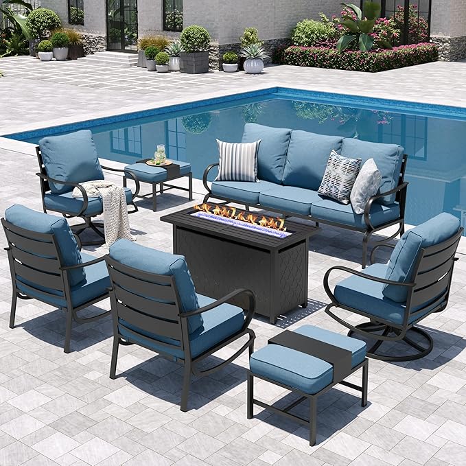 Sophia & William Patio Furniture Sets for 9 with 45" Gas Fire Pit Table Outdoor Conversation Sets 8 Pcs, 2xSofa Chairs, 2xSwivel Cushion Chairs, 1x3-Seat Sofa, 2xOttomans for Porch Poolside Navy