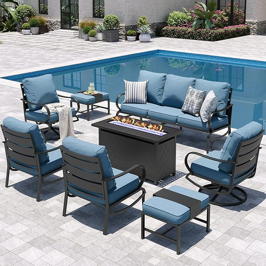 Sophia & William Patio Furniture Sets for 9 with 45" Gas Fire Pit Table Outdoor Conversation Sets 8 Pcs, 2xSofa Chairs, 2xSwivel Cushion Chairs, 1x3-Seat Sofa, 2xOttomans for Porch Poolside Navy