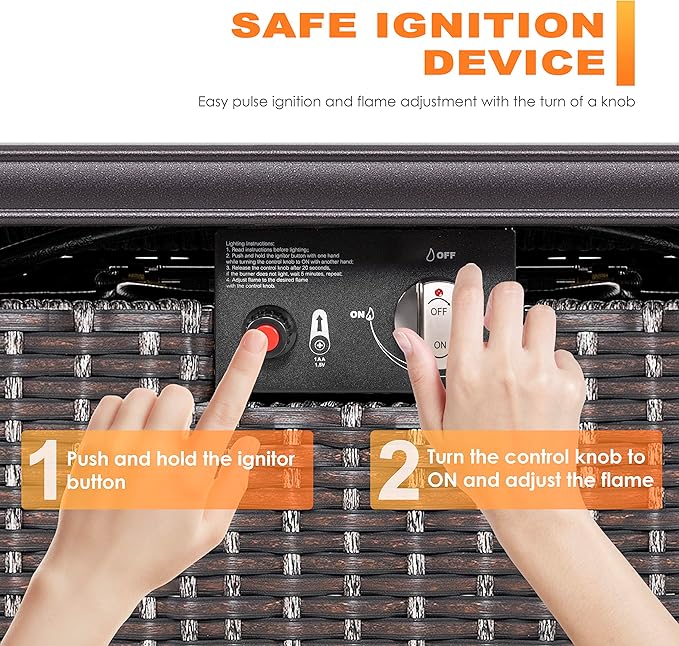 Nuu Garden Outdoor 43" 50,000 BTU Propane Gas Fire Pit Table, Ceramic Tabletop and Rattan Weaved Iron Frame, Water-Proof Oxford Cover, Glass Wind Guard, Glass Beads, Lid Included, Dark Brown & Coffee