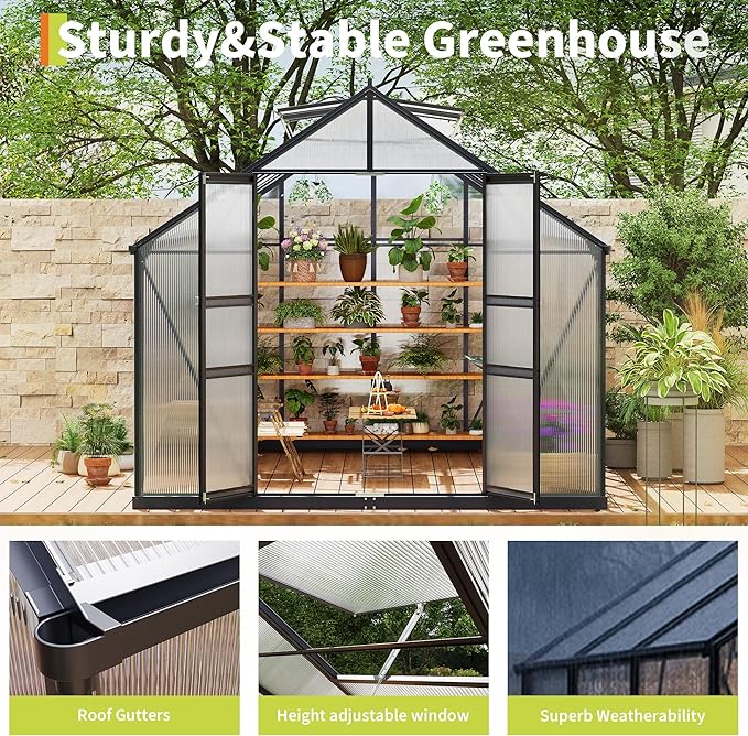 8x16FT Walk-in Greenhouses for Outdoors, Heavy Duty Polycarbonate Green House with Quick Setup Structure, Roof Vent, Push-Pull Lockable Door, Aluminum Green House for Garden Backyard, Patio, Lawn