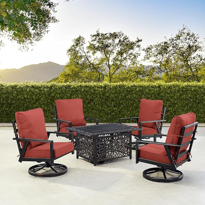 Oakland Living Black Aluminum Patio Fire Table Set with Four Club Chairs with Red Cushions