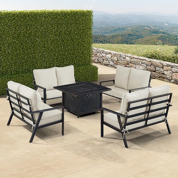 Oakland Living Black Aluminum Patio Fire Table Set with Four Deep Seating Loveseats with Cushions with Light Grey Cushions