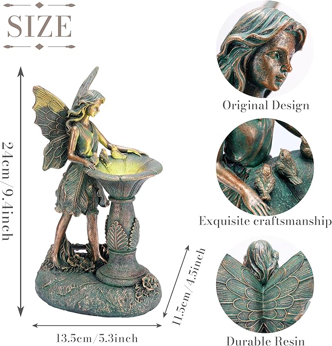TERESA'S COLLECTIONS Fairy Garden Statues with Solar Outdoor Light for Outdoor Decor, Bronze Fairy Resin Garden Sculptures & Statues Decor, Yard Art for Lawn Housewarming Gifts for Mom 9.4"