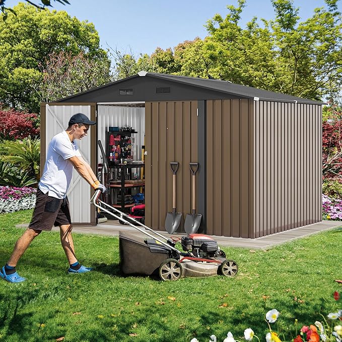 DWVO 10x8FT Outdoor Storage Shed, Spacious Metal Tool Shed with Lockable Doors & Ventilation for Patio, Lawn, and Backyard, Ideal for Storing Garden Equipment, Lawnmowers, and Bicycles, Brown