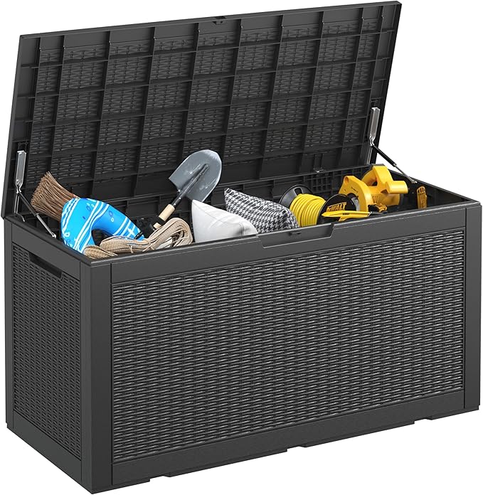 KAMABOKO 101 Gallon Waterproof Large Resin Deck Box, Lockable Large Outdoor Storage Boxes Indoor Outdoor Storage Container for Patio Cushions, Gardening Tools, Pool Supplies, Black