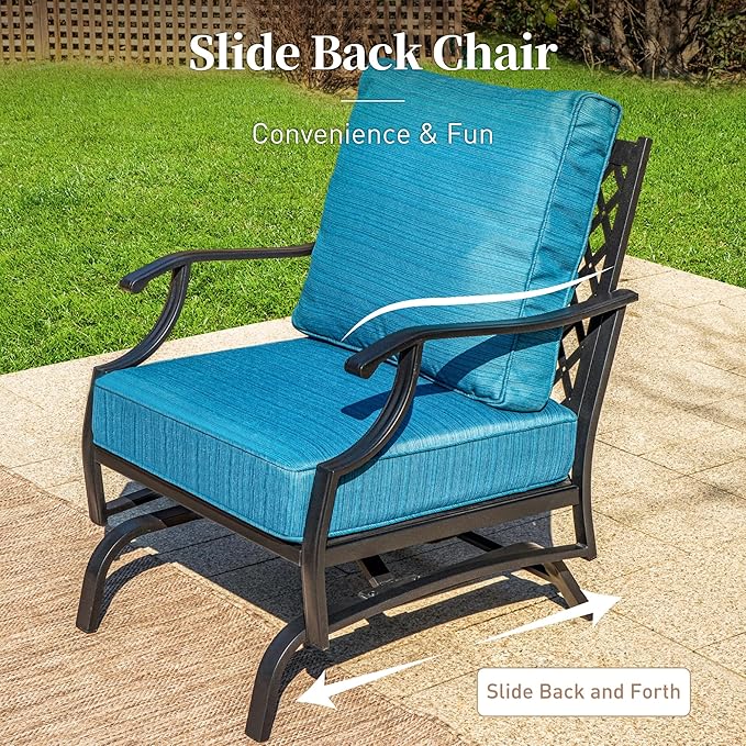 6 Piece Metal Outdoor Patio Furniture Set, Patio Conversation Set 3-Seater Sofa, 2 Rocking Chair, 2 Leg Chair with 5.75" Thick Cushion and Coffee Table, Backyard Furniture Set, Blue-2