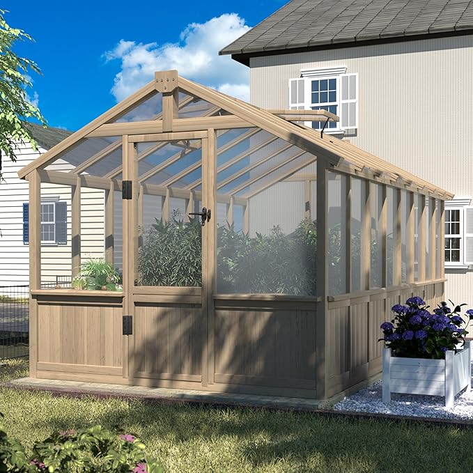 VEIKOU 8' x16' Wooden Greenhouses for Outdoors, Green House with 6MM Thick Polycarbonate Panel, Walk-in Greenhouse with Cedar Frame & Adjustable Vents for Garden, Backyard, Light Brown Mocha