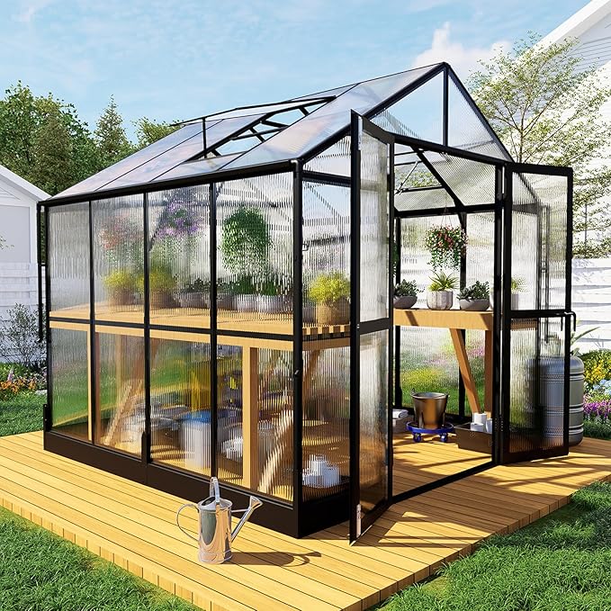 HOWE 8x8x7.5 FT Aluminum Greenhouses for Outdoors,Polycarbonate Greenhouse with 2 Vents Lockable Swing Door Rain Gutter,Walk-in Greenhouse for Backyard Plants, Black
