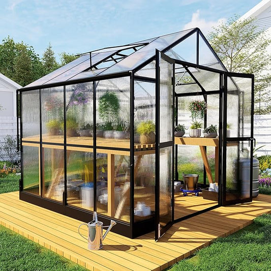 HOWE 8x8x7.5 FT Aluminum Greenhouses for Outdoors,Polycarbonate Greenhouse with 2 Vents Lockable Swing Door Rain Gutter,Walk-in Greenhouse for Backyard Plants, Black