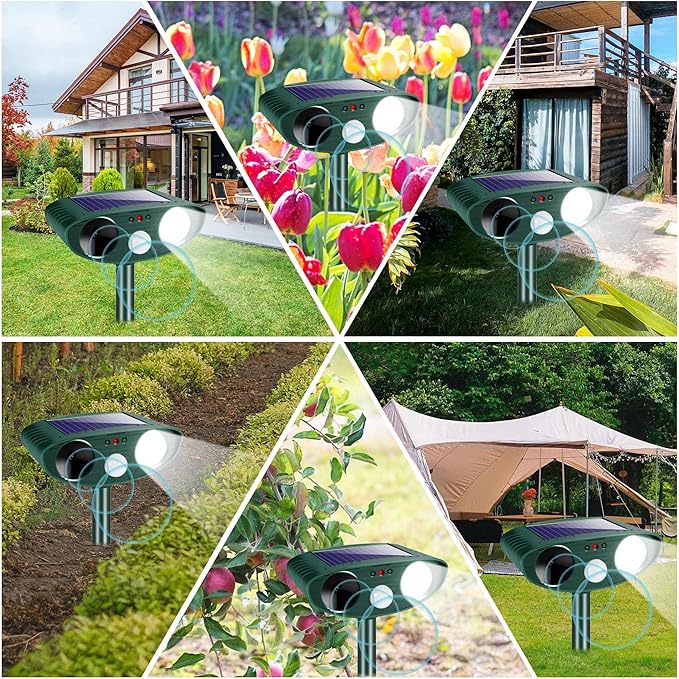 Solar Ultrasonic Animal Repellent Outdoor, Deer Repellent Devices for Yard Garden with Motion Sensor & Flashing Light, Waterproof Animal Deterrent for Cat Dog Squirrel Raccoon Rabbit Skunk Coyote Farm