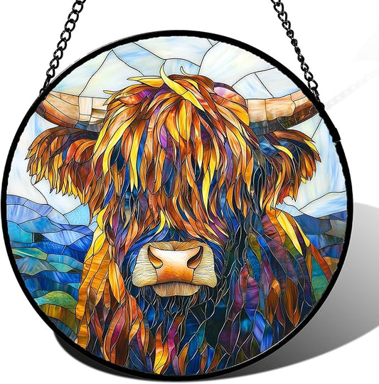 Stained Glass Window Hanging - Highland Cattle Suncatcher for Door Terrace Garden Home Decor Western Style Brown Cow Sun Catcher Birthday Gifts for Lovers Women Men Dad Mom Nana 7.8 in