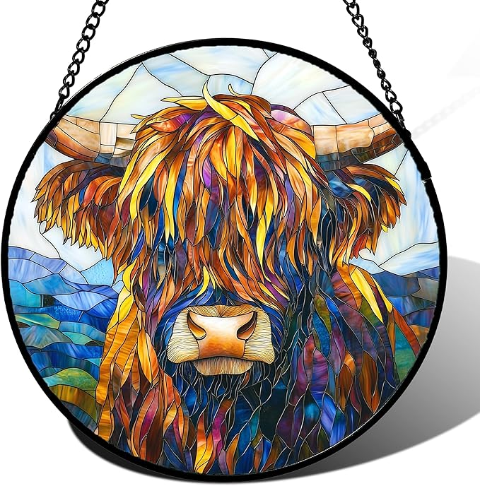 Stained Glass Window Hanging - Highland Cattle Suncatcher for Door Terrace Garden Home Decor Western Style Brown Cow Sun Catcher Birthday Gifts for Lovers Women Men Dad Mom Nana 6.3 in