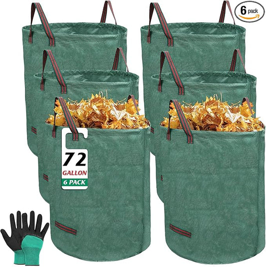 6 Pack 72 Gallons Reusable Garden Waste Bags with Coated Gloves, Heavy Duty Leaf Bags 4 Handles Lawn Yard Bags for Loading Leaf,Trash,Yard Waste Bags (H30" X D26")