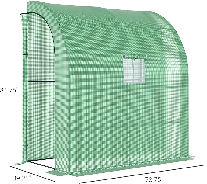 Outsunny 7' x 3' x 7' Lean to Greenhouse, Walk-in Green House, Plant Nursery with 2 Roll-up Doors and Windows, PE Cover and 3 Wire Shelves, Green