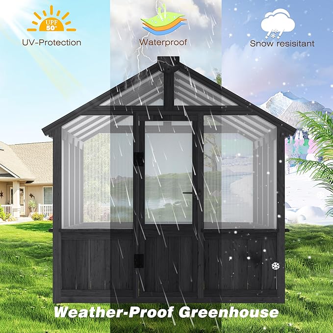 BlueWish 6x8FT Greenhouse, Greenhouse for Outdoor with Cedar Frame, Adjustable Vent, Wood Greenhouses with Polycarbonate Panel, Green House for Outside, Garden, Backyard, Black
