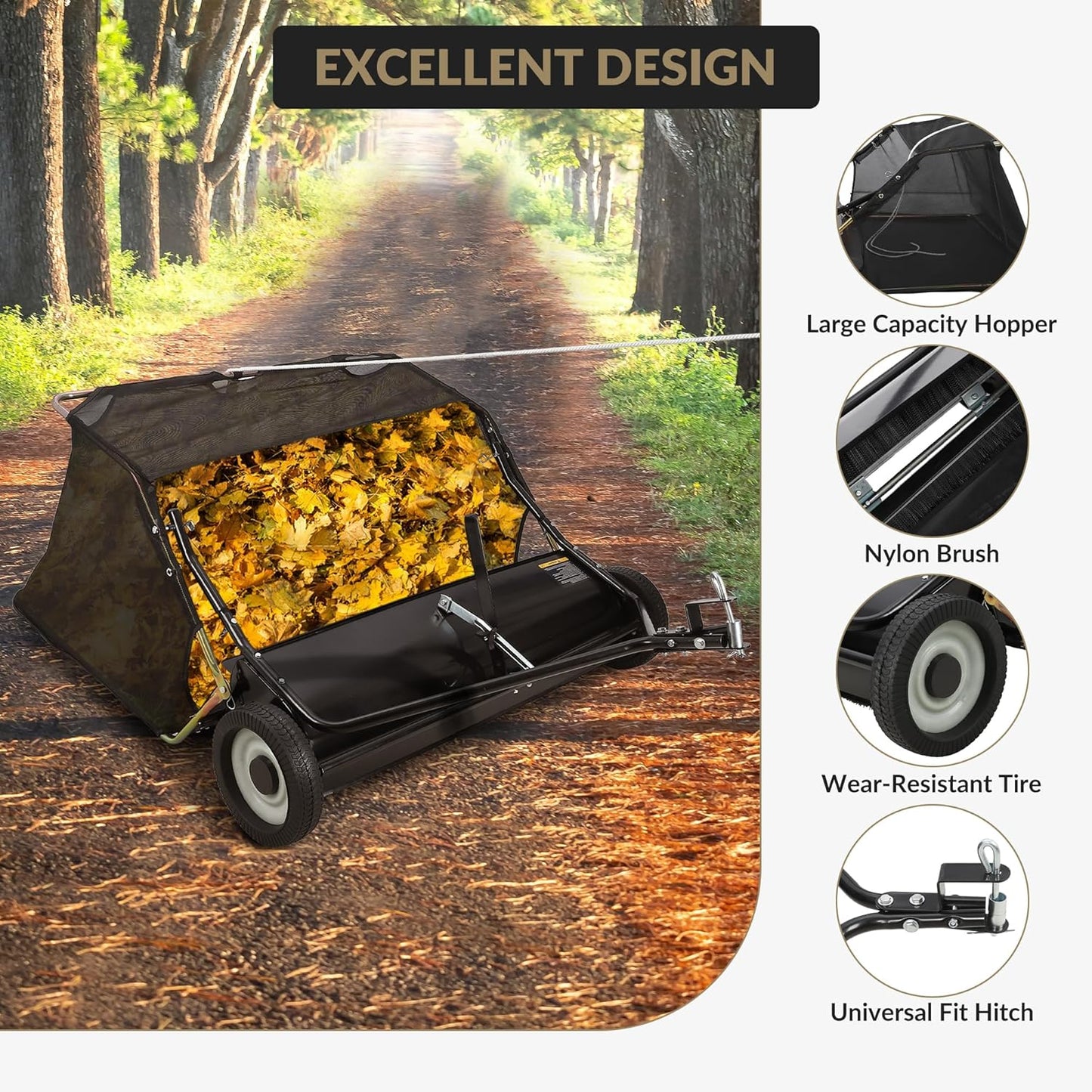 GAOMON 48'' Tow Behind Lawn Sweeper,Pull Behind Lawn Sweeper,with 26 Cu. Ft. Large Capacity Leaf Collector,Adjustable Sweeping Height for Yard, Lawn, Farm