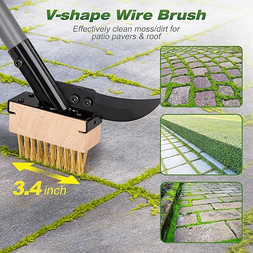 Walensee 3-in-1 Crack Weeder & Moss Remover Brush with 66.5-Inch Adjustable Handle, Weed Puller with 2 Replaceable Brush Heads and Scraper for Deck, Patio, Walkway, Driveway Crevice Cleaning Tool