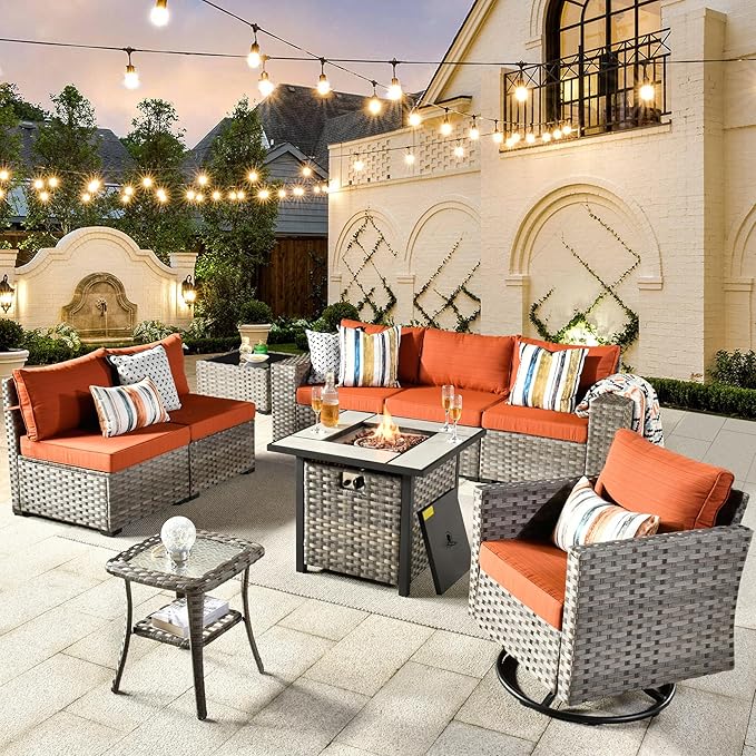HOOOWOOO 9 Piece Modular Patio Outdoor Sectional Furniture Set with Gas Propane Fire Pit Table,Wicker Conversation Sofa Set with Swivel Chairs,Outside Couch Set(Orange Red)