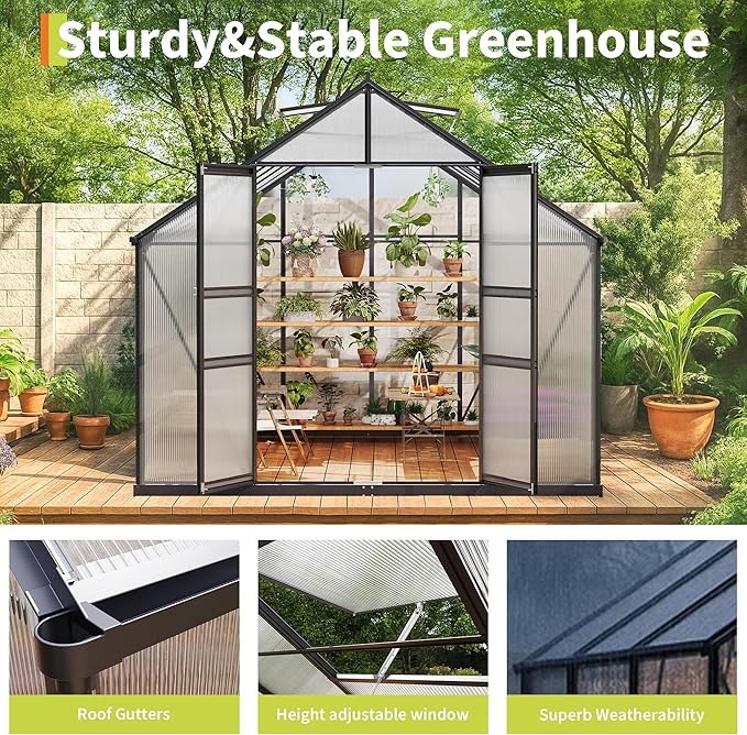 8×12FT Polycarbonate Greenhouse for Outdoors, Large Walk in Green House Kit and Winter Garden Planting, Enhanced Aluminum Green Houses for Outside to Protect Vegetables or Plants