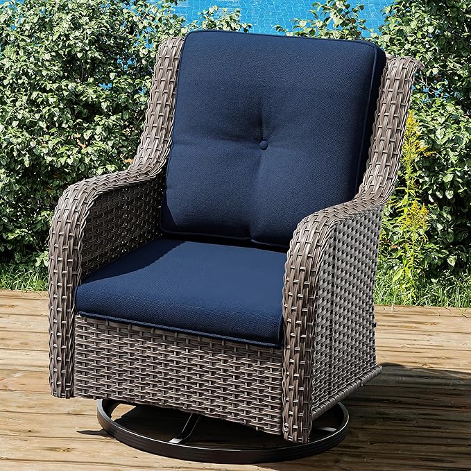 Joyside Outdoor Swivel Rocker Patio Chair - Outdoor Wicker Glider Rocking Chair with Olefin Fabric Cushions Suitable for Porch Deck and Backyard(Mixed Grey/Dark Blue)