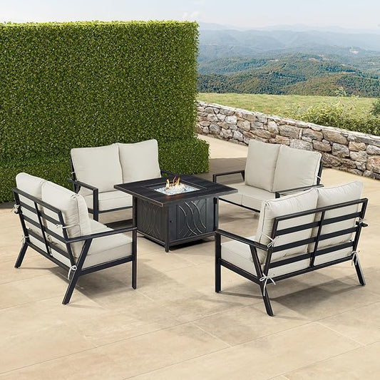 Oakland Living Black Aluminum Patio Fire Table Set with Four Deep Seating Loveseats with Cushions with Light Grey Cushions