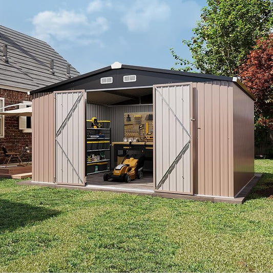 Aoxun 12'x10' Outdoor Metal Storage Shed with Lockable Door & Sloping Roof- Ideal for Tools, Garden Equipment & Bikes, Perfect for Patio Placement(Brown)