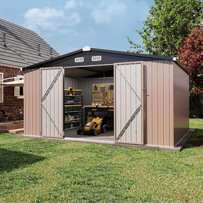 Aoxun 12x10 FT Shed Outdoor Storage Shed with Spacious Doors, Large Shed Steel Utility Tool Shed Storage House with Door & Lock, Metal Sheds with Sloped Roof for Garden Patio Lawn Poolside, Brown